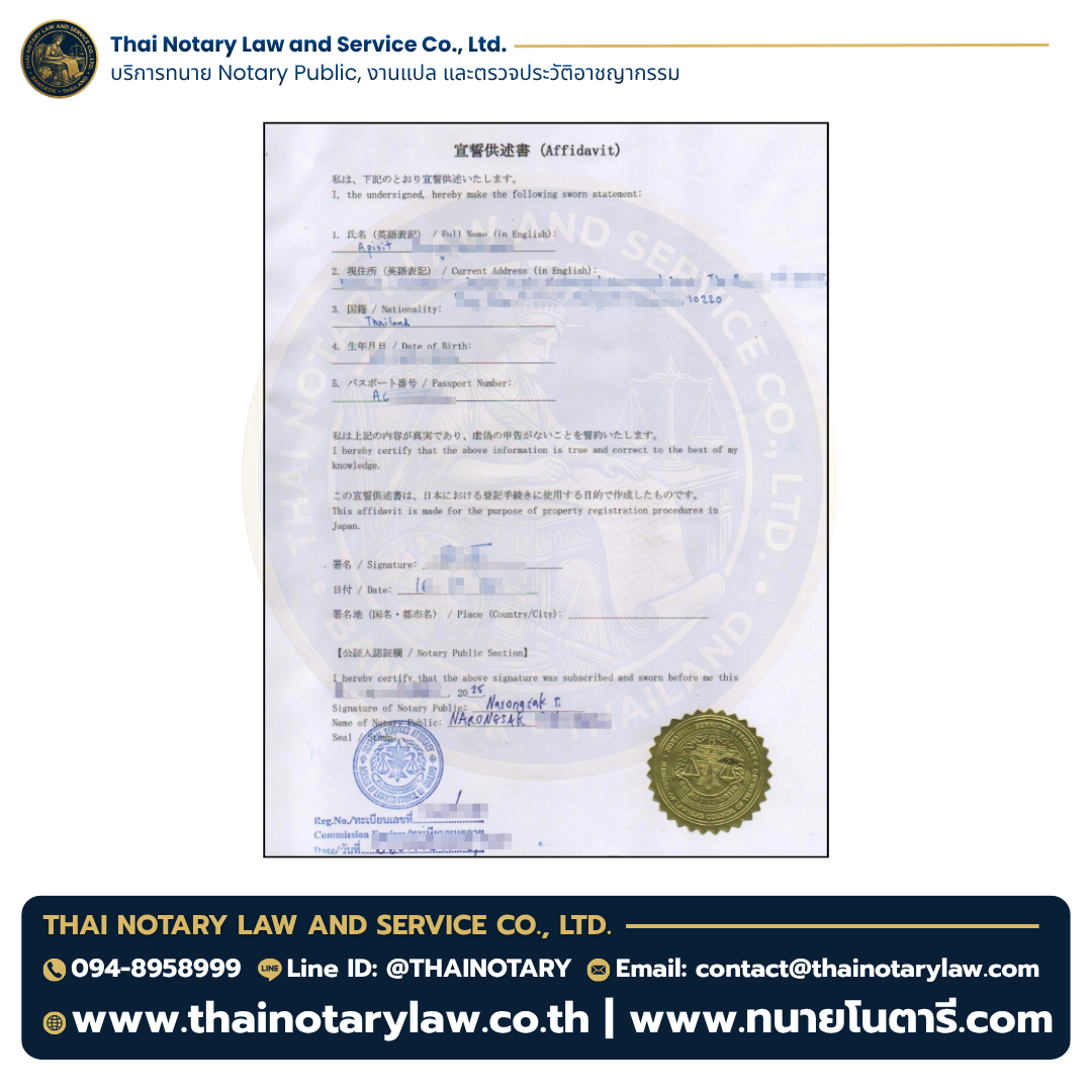 Affidavit สำหรับจดทะเบียนทรัพย์สินในญี่ปุ่น